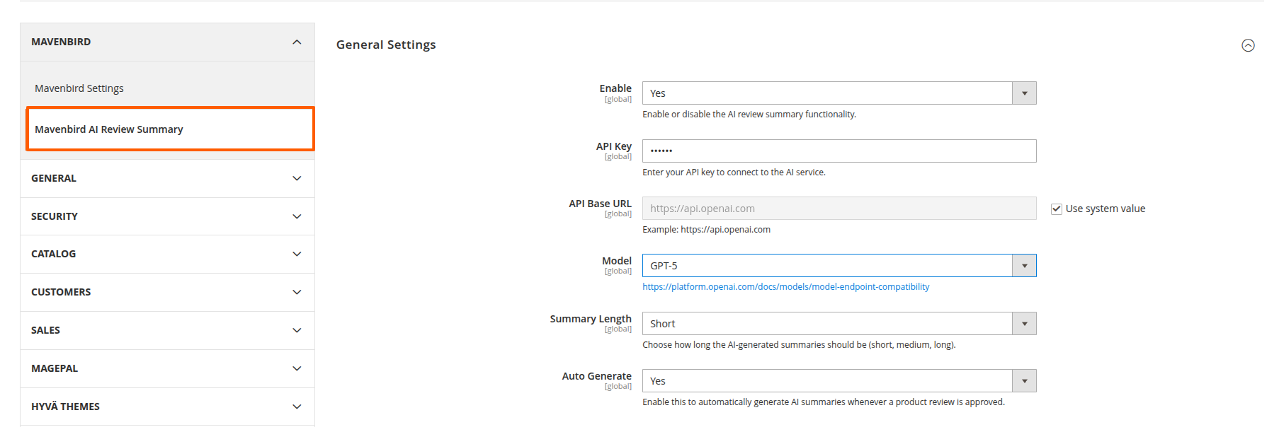 AI Review Summary Configuration Fields