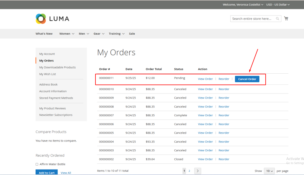 Frontend Cancel Order Popup