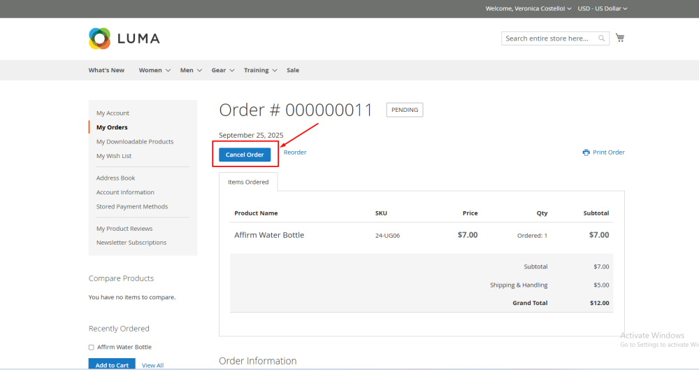 Frontend Cancel Order Popup