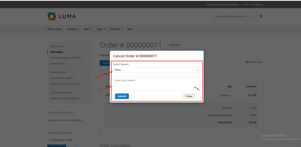 Frontend Cancel Order Popup
