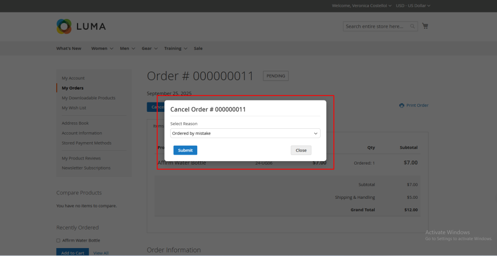 Frontend Cancel Order Popup
