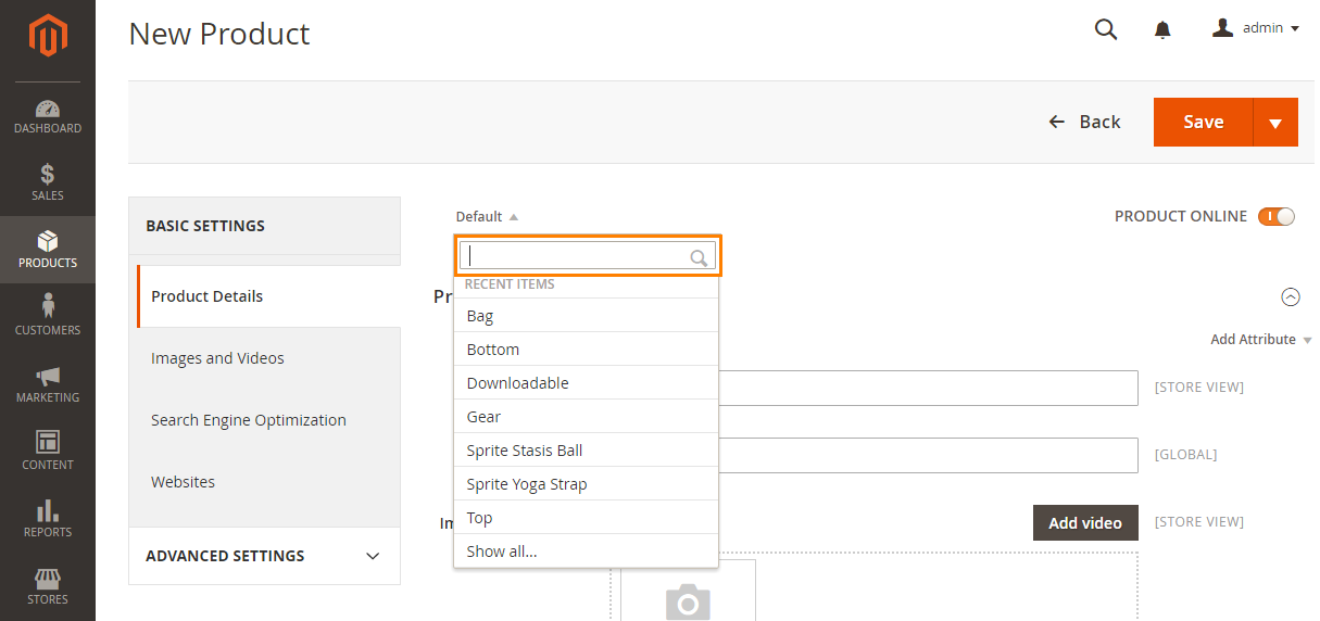 Select the Product Template