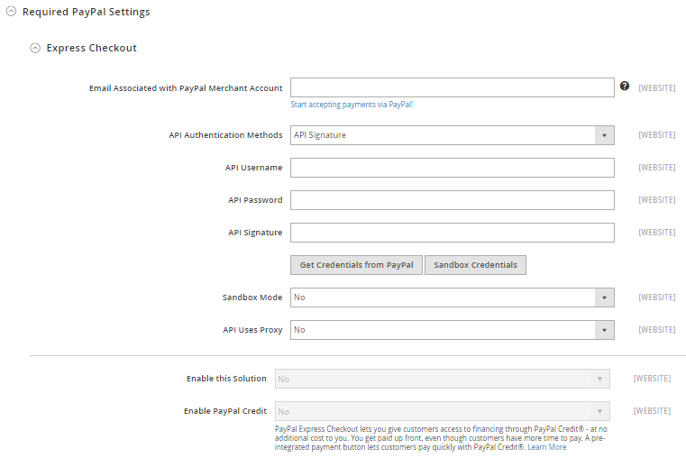 set options for Required Settings