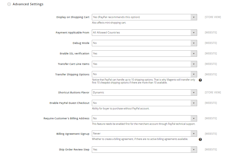 Set options for Advanced Settings