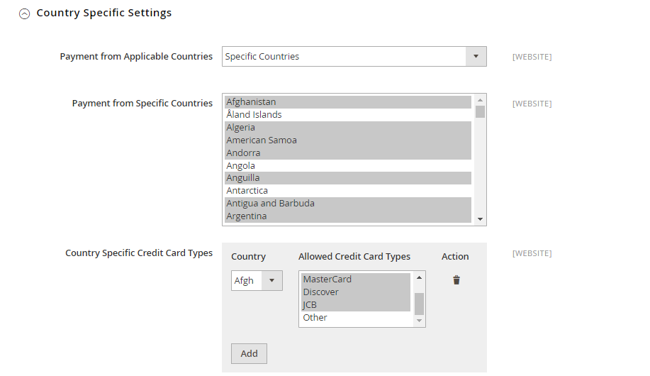 Set options for Country Specific Settings