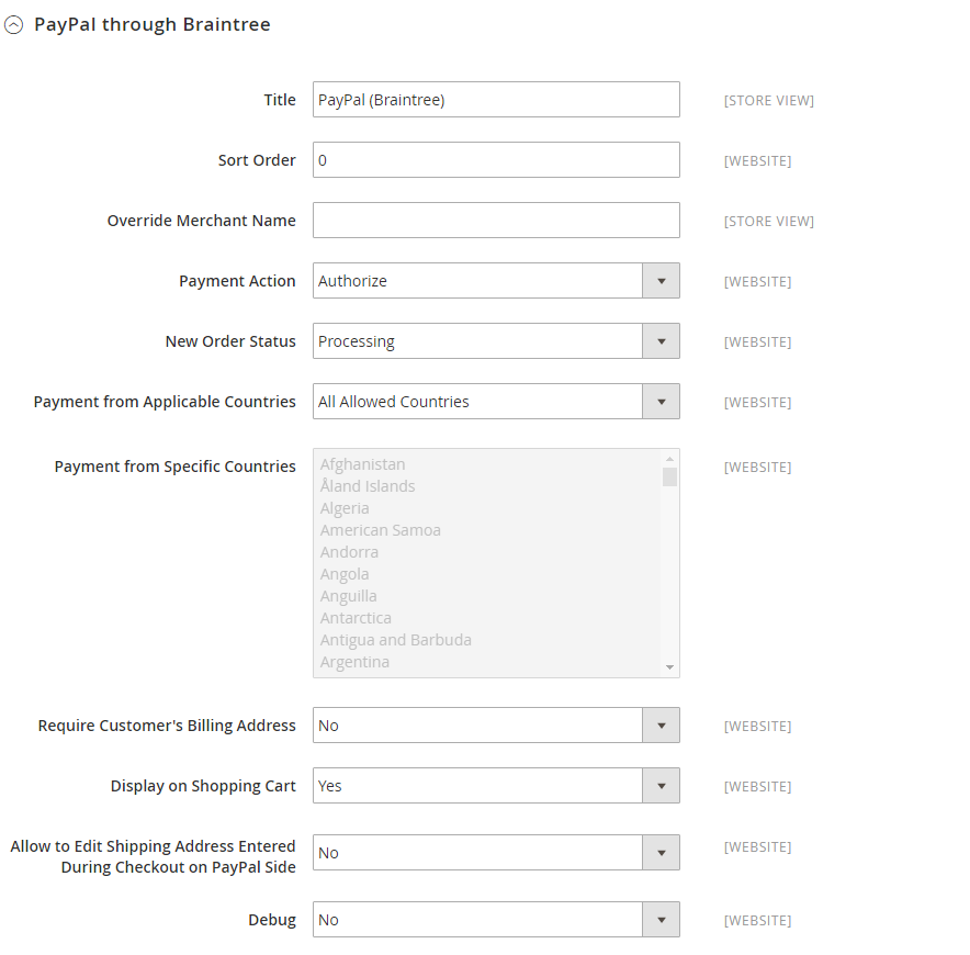 PayPal through Braintree Settings