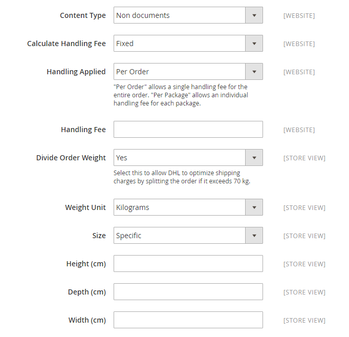Setup the Packaging Description and Handling Fees