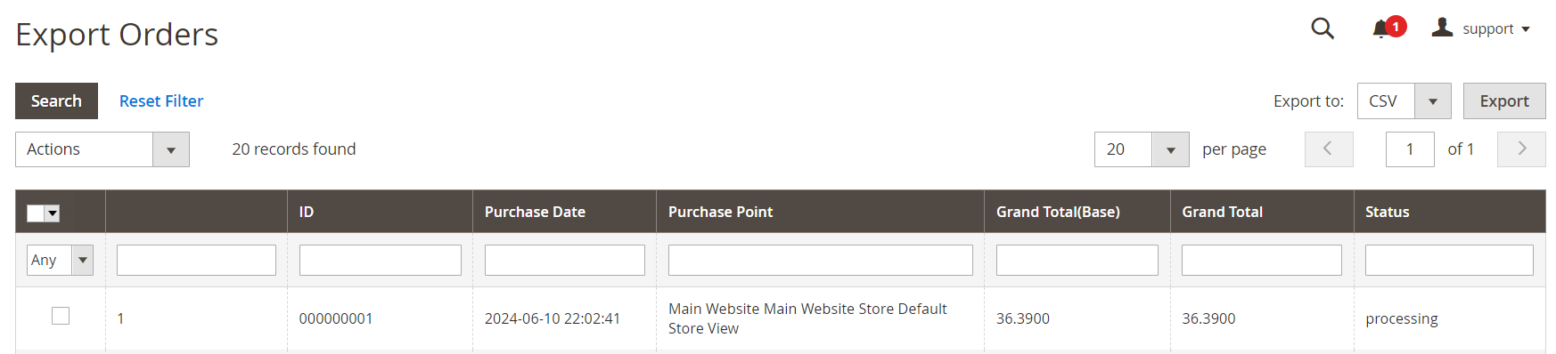 Export Orders Page