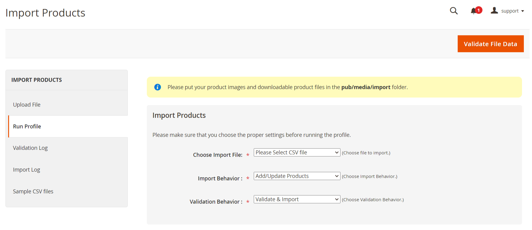 import-product-run-profile Page